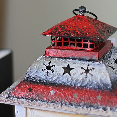 14.5" Rustic Red and White Snowman Christmas Scene Candle Lantern