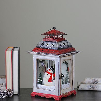 14.5" Rustic Red and White Snowman Christmas Scene Candle Lantern