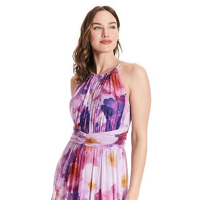 Women's London Times Floral Halter Ruched Maxi Dress