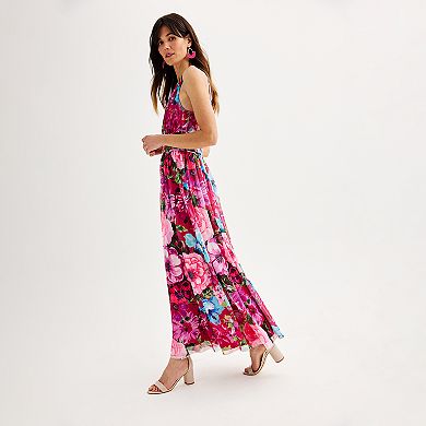 Women's London Times Floral Halter Ruched Maxi Dress
