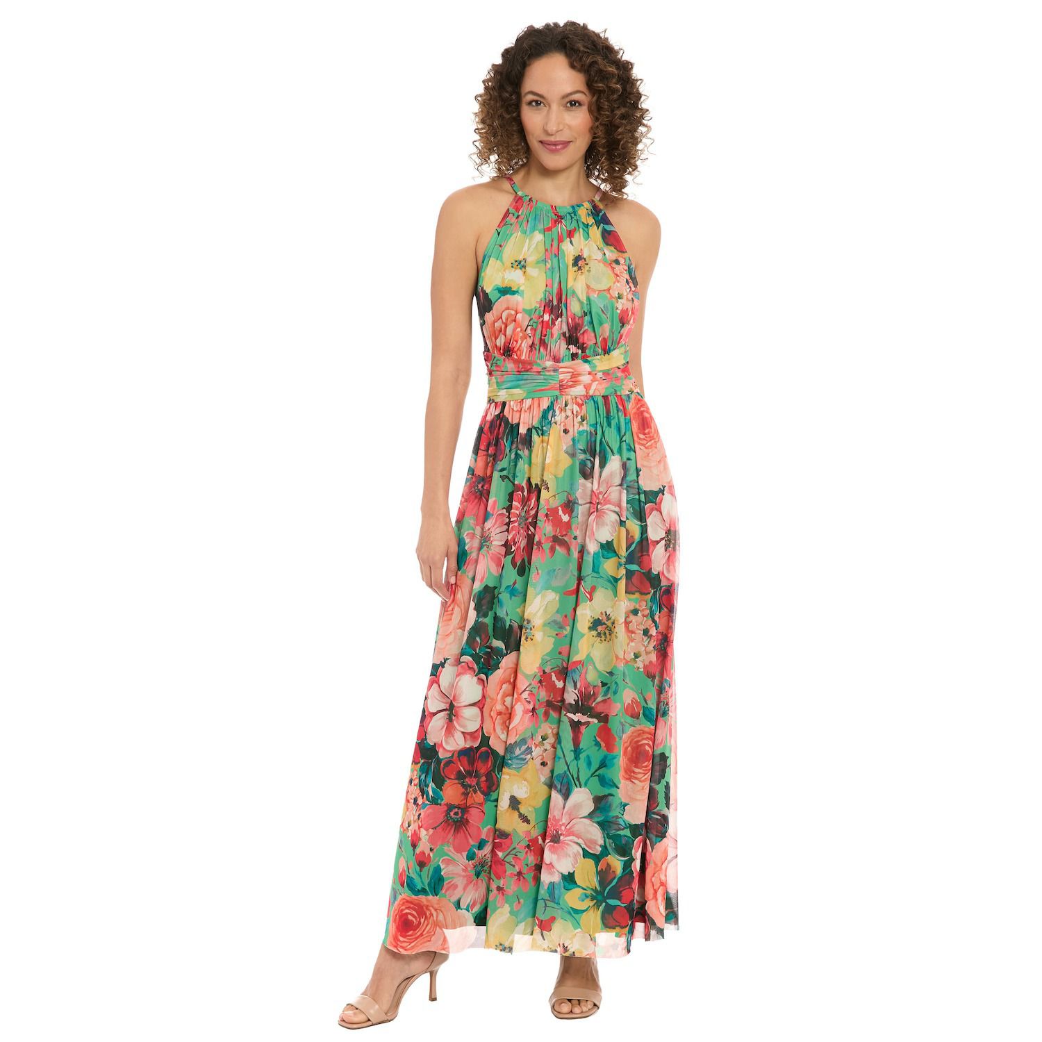 Женские платья London Times Floral Halter Ruched Maxi Dress