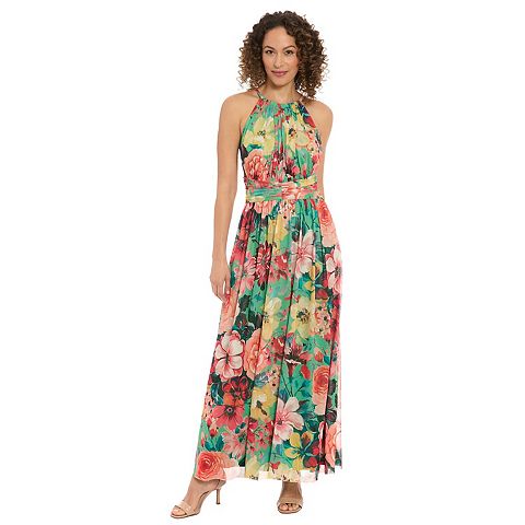 Женские платья London Women's London Times Floral Halter Ruched Maxi Dress