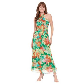 Women's London Times Floral Wrap Halter Maxi Dress