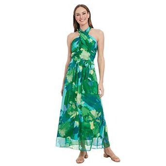 Women's London Times Floral Wrap Halter Maxi Dress
