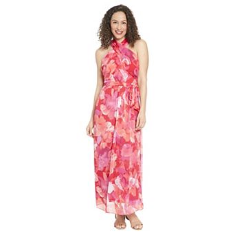 Women's London Times Floral Wrap Halter Maxi Dress