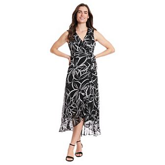 Women's London Times Floral Side-Tie Ruffle Maxi Wrap Dress
