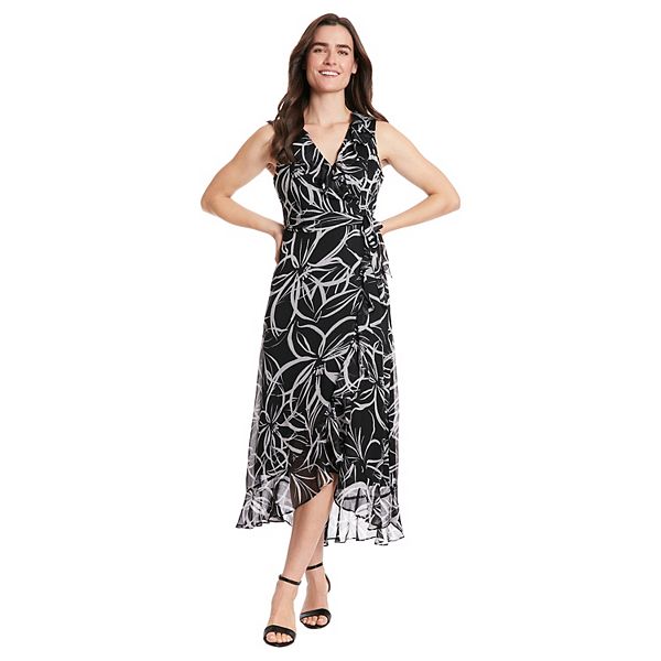 Women's London Times Floral Side-Tie Ruffle Maxi Wrap Dress - Black White (4)