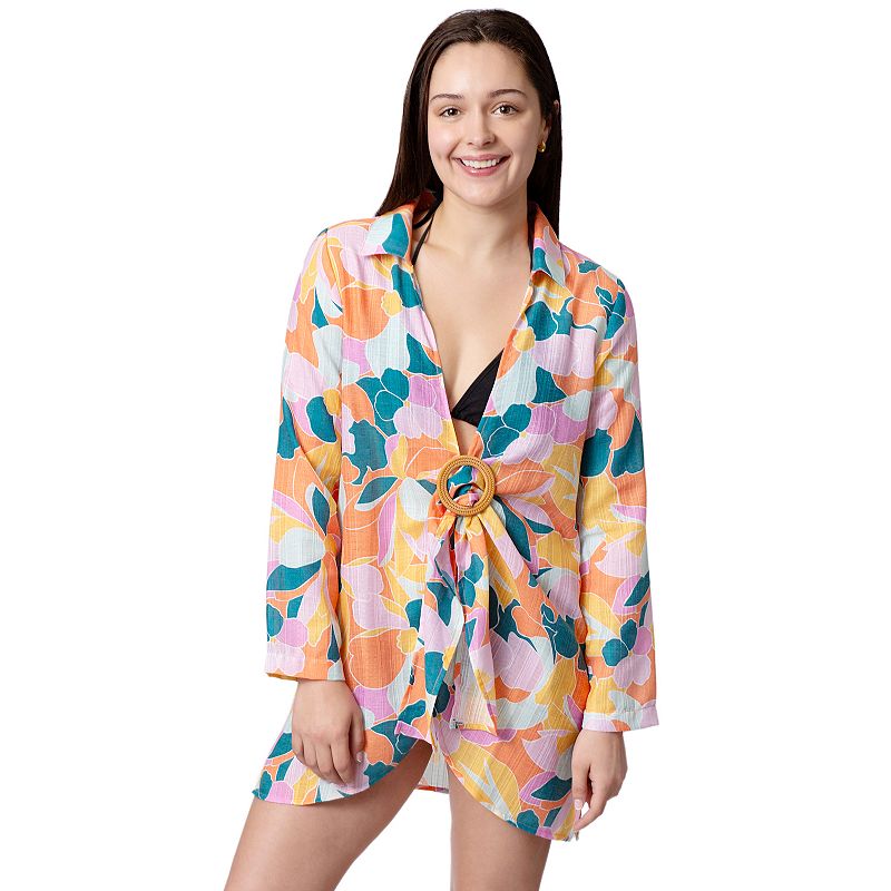 Womens Aqua Del Mar Tie-Front Coverup Swim Top, Size: Small, Drk Orange