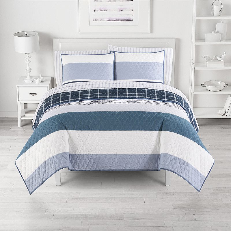 The Big One Griffon Stripe Reversible Quilt Set, Blue, Queen