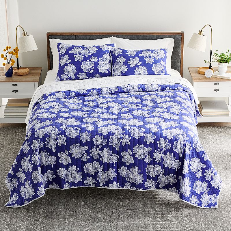 Sonoma Goods For Life Floral Block Print Quilt Set, Blue, Full/Queen