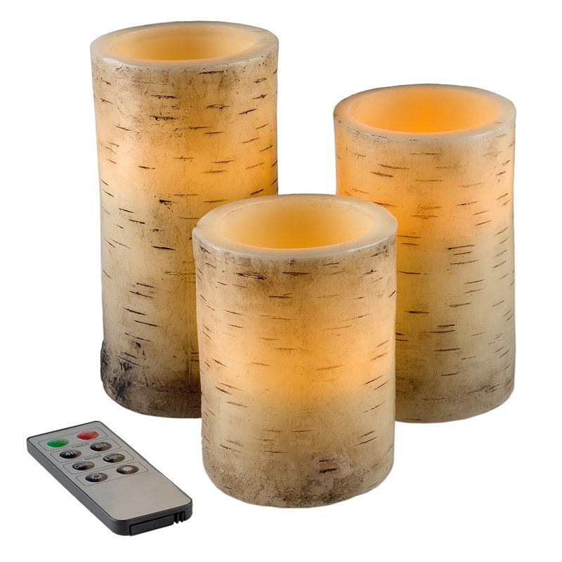 Flickering Flameless LED Candles with Birch Bark Set of 3 Battery
