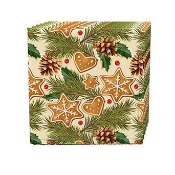 Napkin Set, 100% Polyester, Set of 4, 18x18", Holiday Gingerbread Cookies & Pinecones
