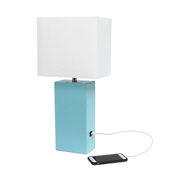 21" Lexington Leather Base Modern Home Decor Bedside Table Lamp with USB Charging Port with Fabric Shade White/Blue - Lalia Home