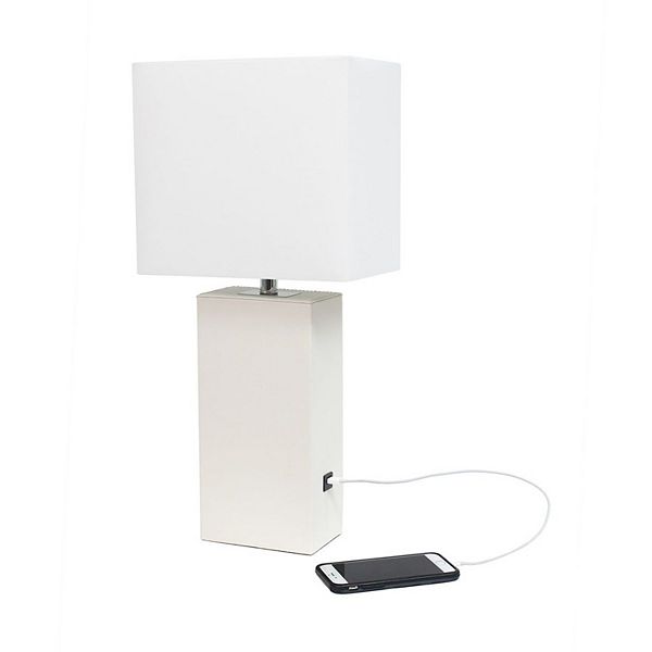 Lalia Home Lexington 21" Leather Base Modern Home Decor Bedside Table Lamp with Usb Charging Port for Living Room, Bedroom, Entryway, Foyer, Or Office with White Rectangular Fabric Shade - White