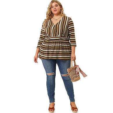 Women's Plus Size Wrap 3/4 Sleeve Striped Peplum Top