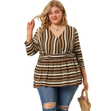 Women's Plus Size Wrap 3/4 Sleeve Striped Peplum Top