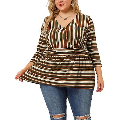 Women's Plus Size Wrap 3/4 Sleeve Striped Peplum Top
