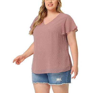 Women's Plus Size Blouse Flare Sleeve V Neck Swiss Dots Tops