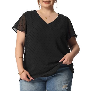 Women's Plus Size Blouse Flare Sleeve V Neck Swiss Dots Tops