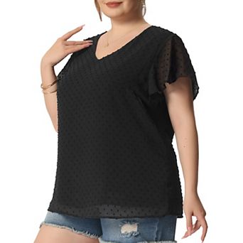Women's Plus Size Blouse Flare Sleeve V Neck Swiss Dots Tops