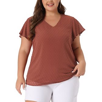 Women's Plus Size Blouse Flare Sleeve V Neck Swiss Dots Tops