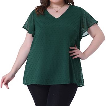 Women's Plus Size Blouse Flare Sleeve V Neck Swiss Dots Tops