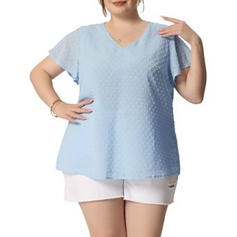 Women's Plus Size Blouse Flare Sleeve V Neck Swiss Dots Tops