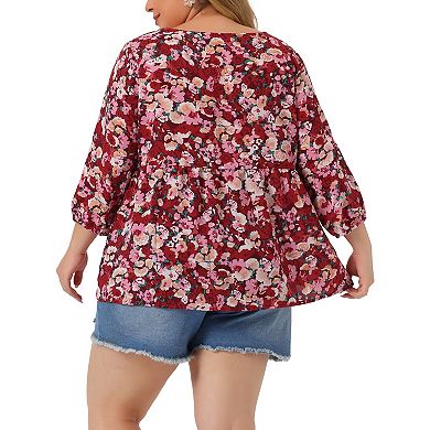 Women's Plus Size Babydoll Blouse Square Neck 3/4 Sleeve Floral Peplum Tops