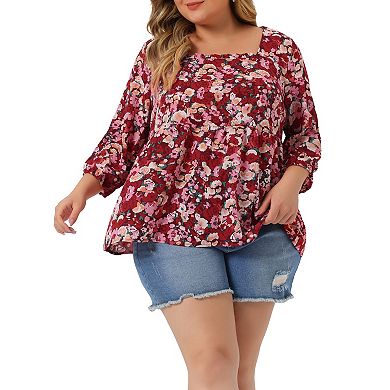 Women's Plus Size Babydoll Blouse Square Neck 3/4 Sleeve Floral Peplum Tops