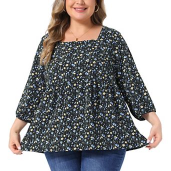 Women's Plus Size Babydoll Blouse Square Neck 3/4 Sleeve Floral Peplum Tops
