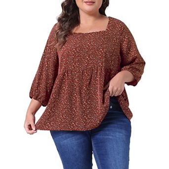 Women's Plus Size Babydoll Blouse Square Neck 3/4 Sleeve Floral Peplum Tops