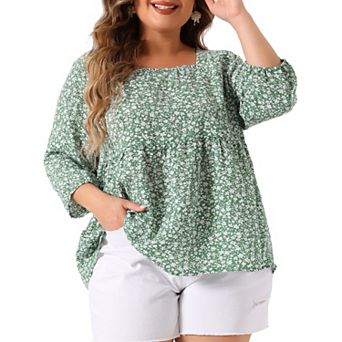 Women's Plus Size Babydoll Blouse Square Neck 3/4 Sleeve Floral Peplum Tops