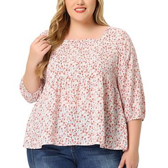 Women's Plus Size Babydoll Blouse Square Neck 3/4 Sleeve Floral Peplum Tops