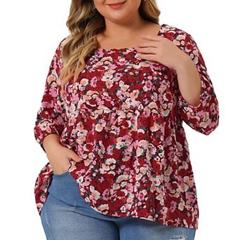 Women's Plus Size Babydoll Blouse Square Neck 3/4 Sleeve Floral Peplum Tops