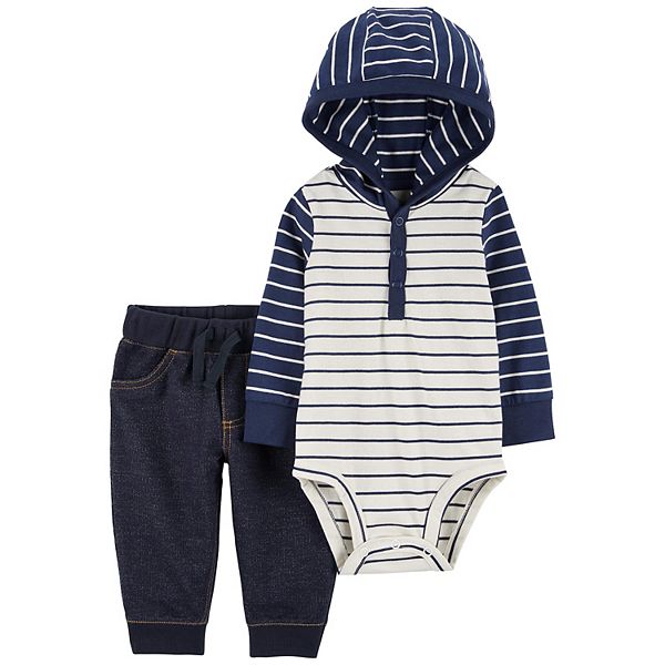 Baby Carter's 2 pc Hooded Striped Bodysuit & Denim Pants Playwear Set