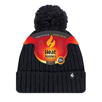 Women's Heat Holders Heatweaver Lined Ribbed Roll Up Pom Hat