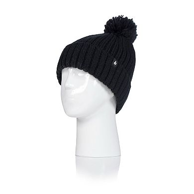 Women's Heat Holders Heatweaver Lined Ribbed Roll Up Pom Hat