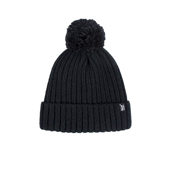 Women's Heat Holders Heatweaver Lined Ribbed Roll Up Pom Hat - Black