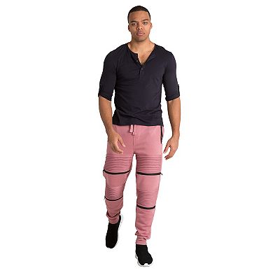 Vibes Men's Fleece Jogger Pants Double Moto Patch & Zipper Knee Trim Rib Cuff & Waist