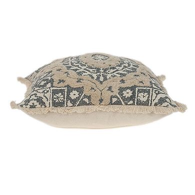 18" Beige and Gray Embroidered Ethnic Design Throw Pillow