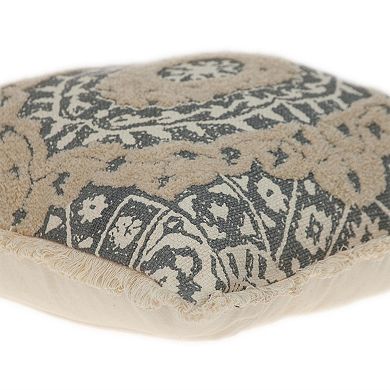 18" Beige and Gray Embroidered Ethnic Design Throw Pillow