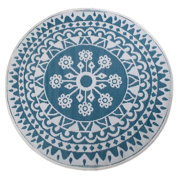 5' Blue And Gray Floral Round Reversible Essential Outdoor Rug