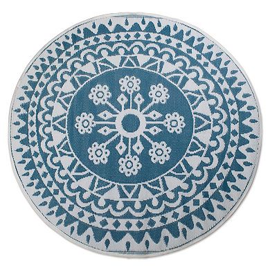 5' Blue And Gray Floral Round Reversible Essential Outdoor Rug