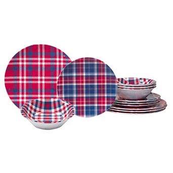 Certified International Patriotic Plaid 12 pc Melamine Dinnerware Set