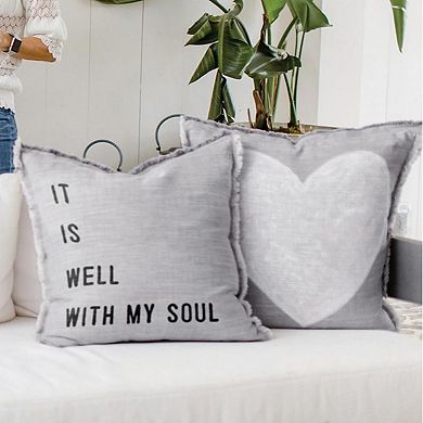 26" Gray Decorative Square Pillow with Heart Design