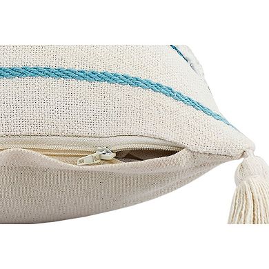 36" Turquoise and White Striped Hand Loomed Rectangular Lumbar Pillow