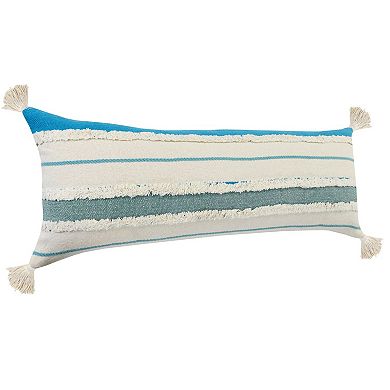 36" Turquoise and White Striped Hand Loomed Rectangular Lumbar Pillow