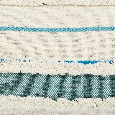 36" Turquoise and White Striped Hand Loomed Rectangular Lumbar Pillow