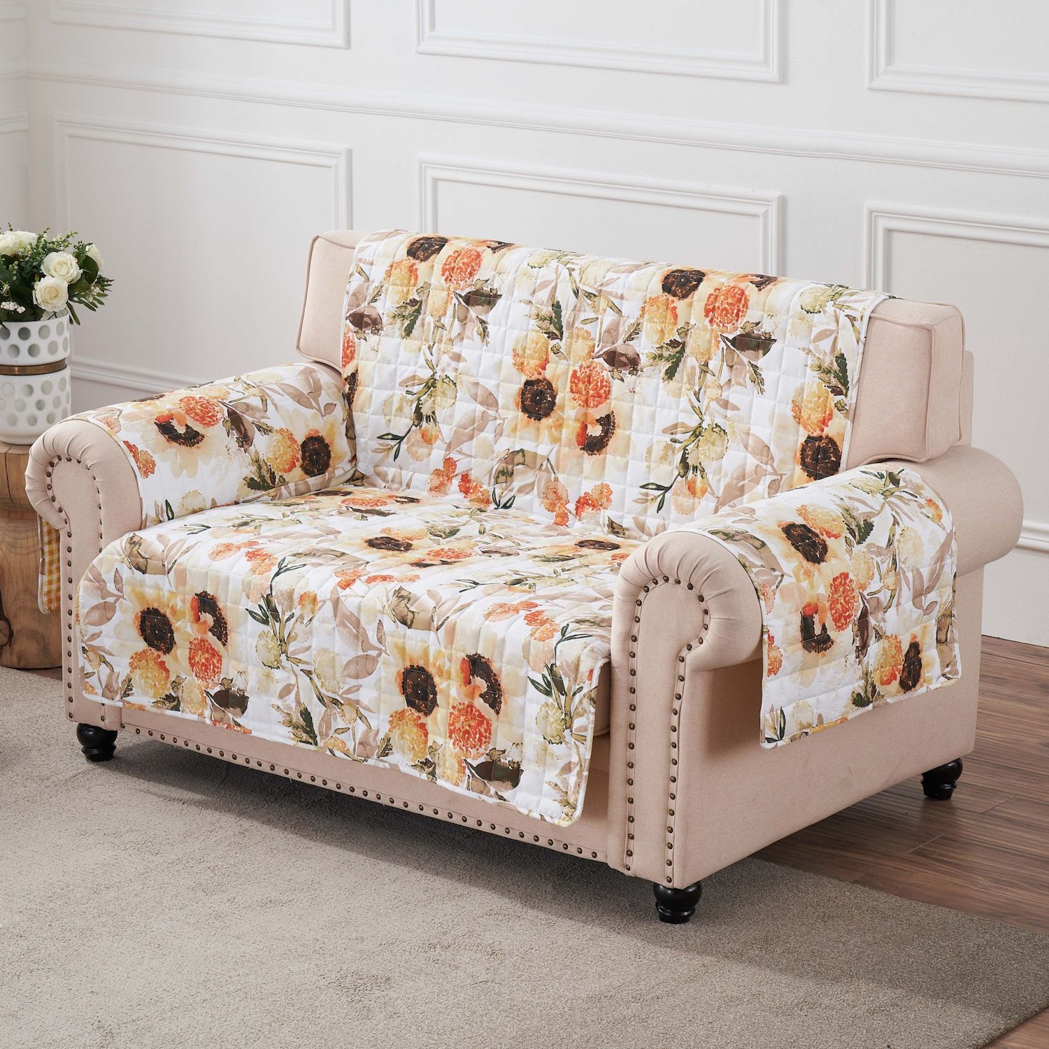 Great Bay Home Floral Patchwork Reversible Furniture Protector (Loveseat, Gray / Aqua)