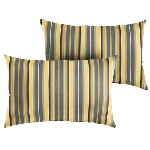 Set of 2 13" x 20" Yellow and Gray Stripes Subrella Indoor and Outdoor Lumbar Pillows